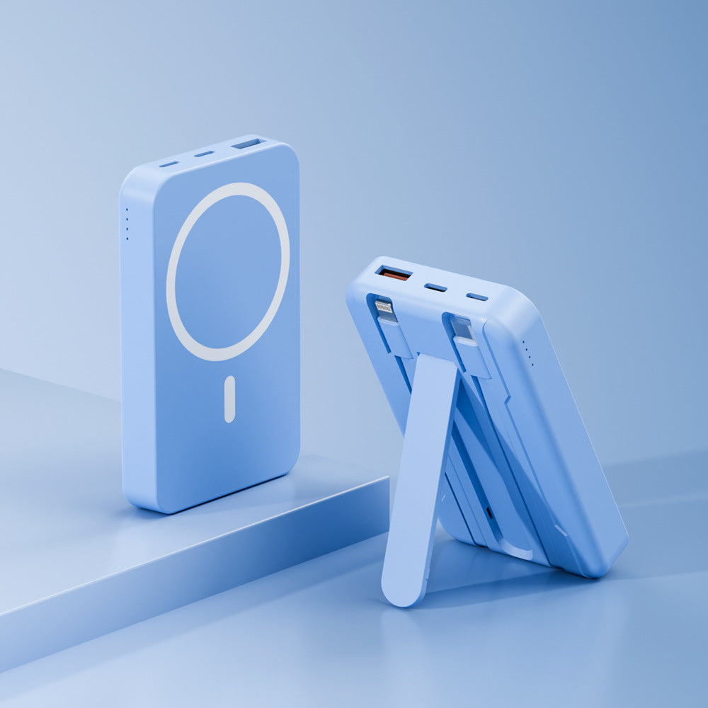 Powerbank med integrert stativfunksjon og trådløs ladealternativ Skanto