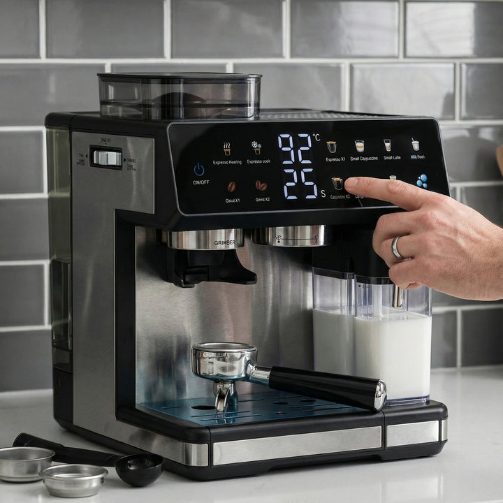 Espressomaskin med integrert kvern, automatisk temperaturkontroll og programmerbare kaffestyrker Skanto