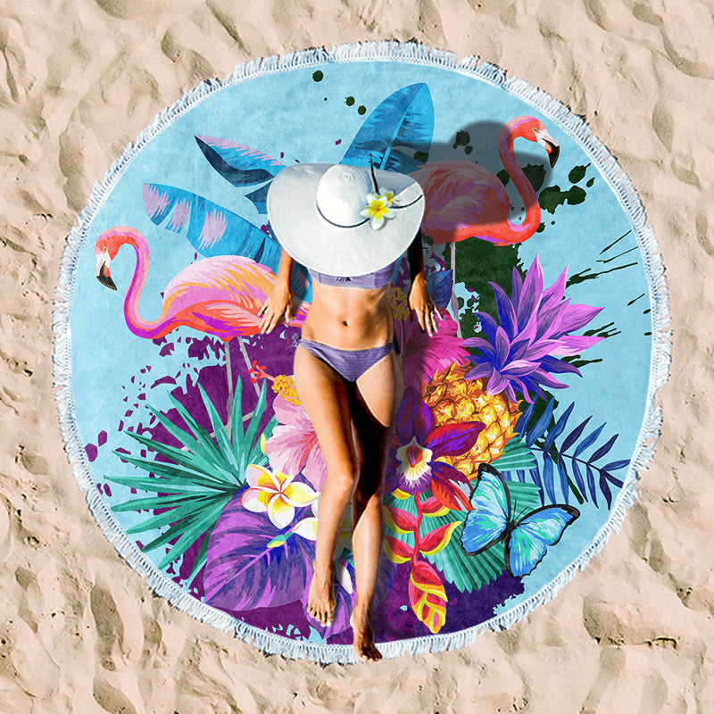 Rundstrandhåndkle med tropisk bladtrykk og frynse dekorasjon Skanto