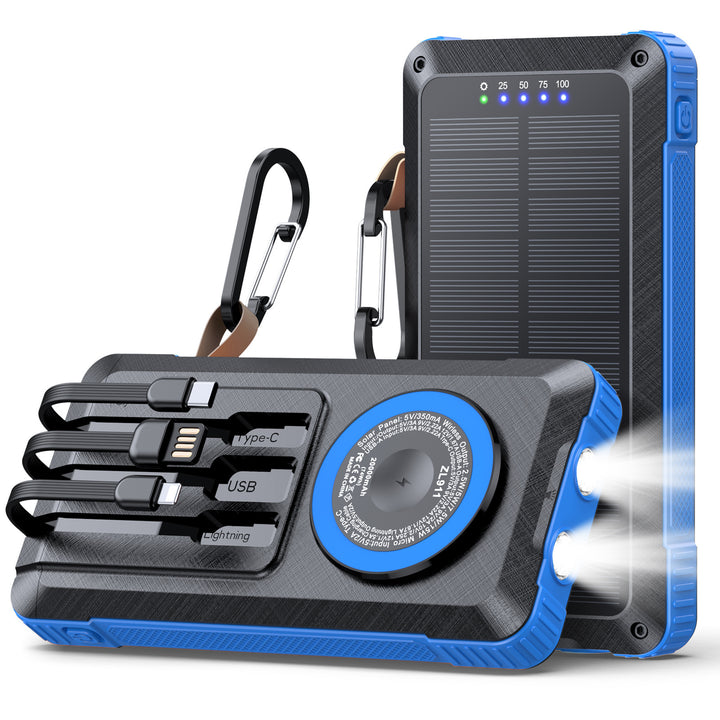 Solar Powerbank med multifunksjonelt LED-lys og integrert ladekabel Skanto