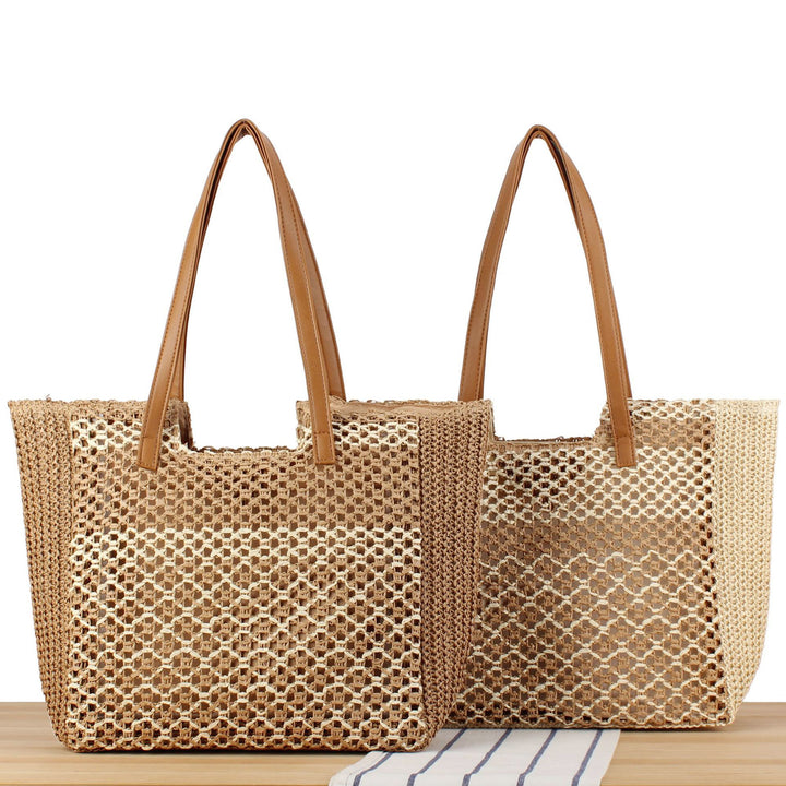 Tote bag made of woven natural material with elegant leather handles Skanto