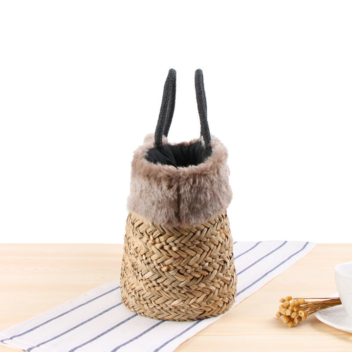 Basket Bag with Fur Trim and Decorative Bow Detail Skanto