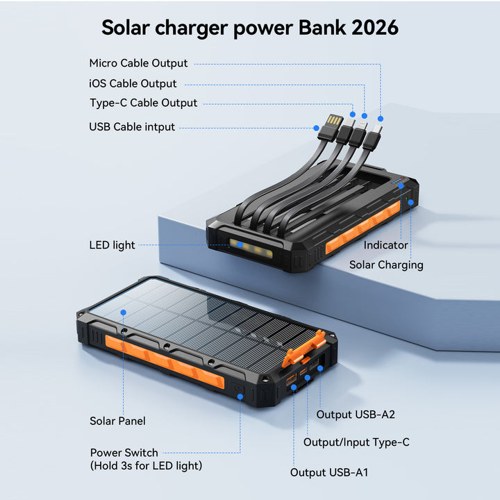 Solar Powerbank med multifunksjonelt tilkoblingssystem og hurtigladefunksjon Skanto