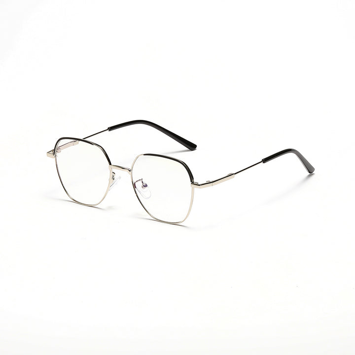 Dame moteriktig solbrille med smal metallramme og blå linser Skanto