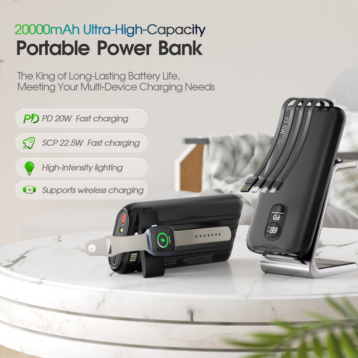 Bærbar powerbank med innebygde ladekabler og LCD-skjerm Skanto