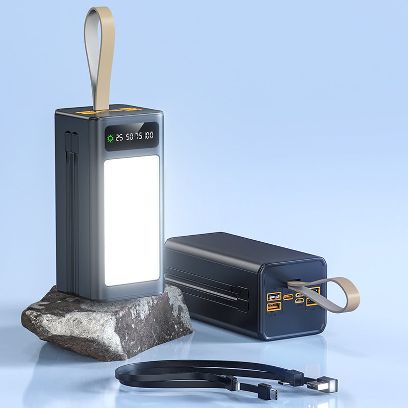 Høymoderne powerbank med innebygd LED-belysning og multifunksjonelt kabelsystem Skanto