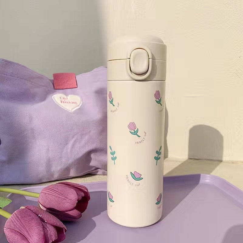 Damen Isolert Drikkeflaske med funksjonelt lokk og kreativt blomstermotiv Skanto