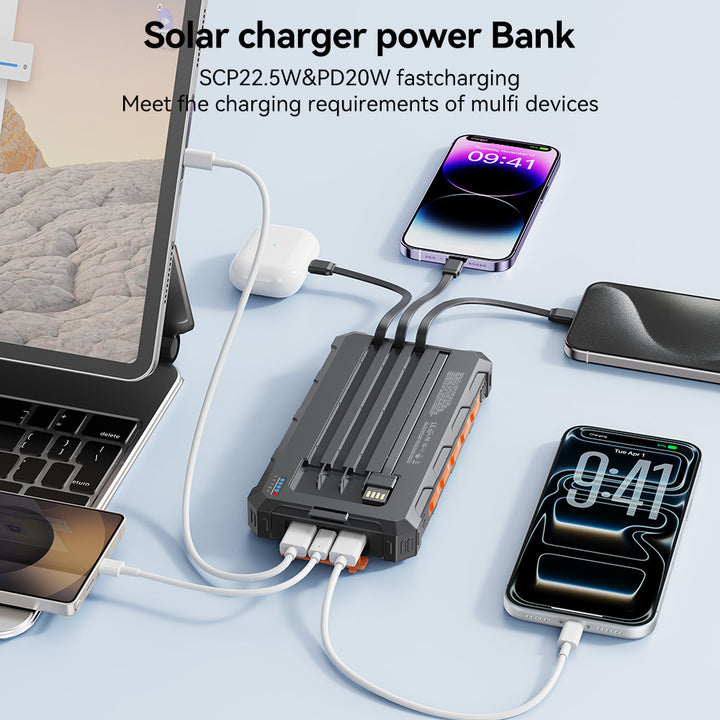 Solar-Powerbank med integrerte ladekabler og robust hus Skanto