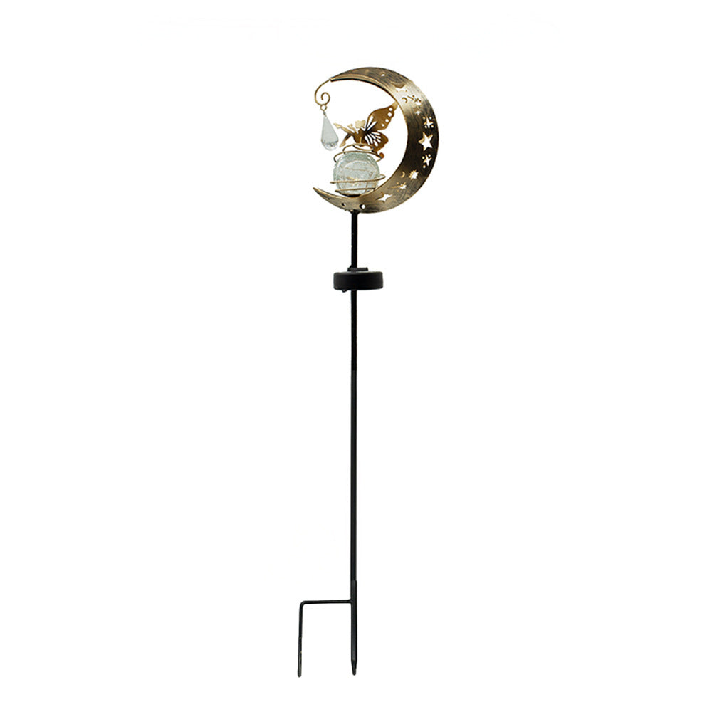 Dekorativ halvmåne solhage stake lampe med hengende krystallorb og sommerfugl Skanto