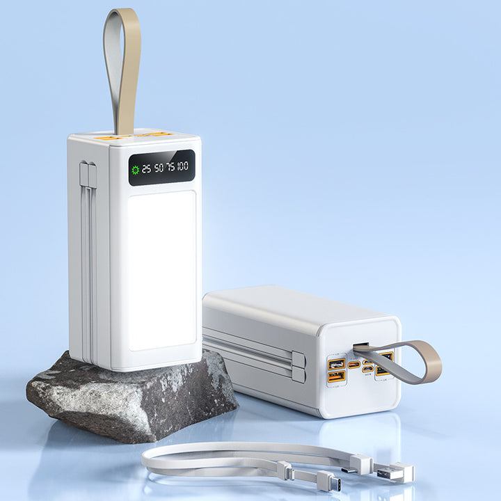 Høymoderne powerbank med innebygd LED-belysning og multifunksjonelt kabelsystem Skanto