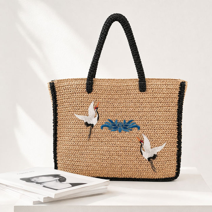 Elegant Bast-Totepose med Kunstnerisk Broderidesign Skanto