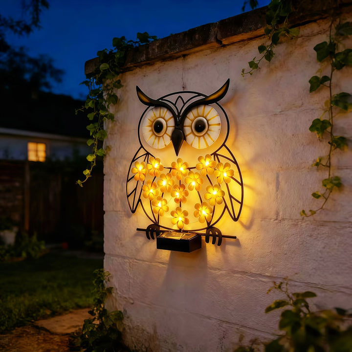 Metallisk Ugle Veggkunst Med Solenergidrevne LED Blomsterlys Og Jernramme Skanto