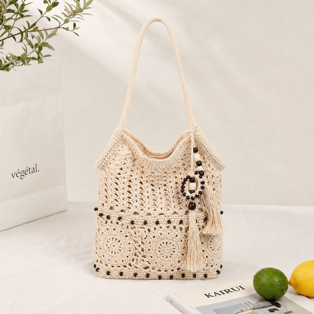 Heklet shoppingbag med dekorative frynser Skanto