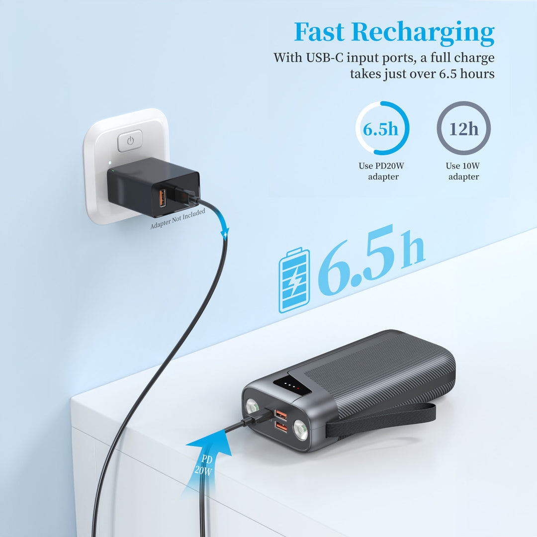 Bærbar powerbank med integrert lommelykt og hurtigladingsfunksjon Skanto