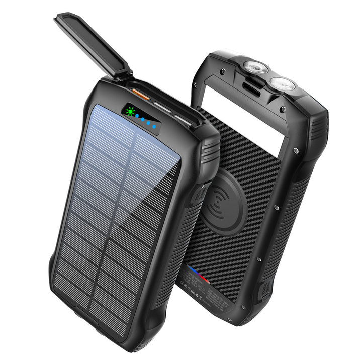 Solcelledet powerbank med trådløs ladefunksjon og LED-lommelykt Skanto