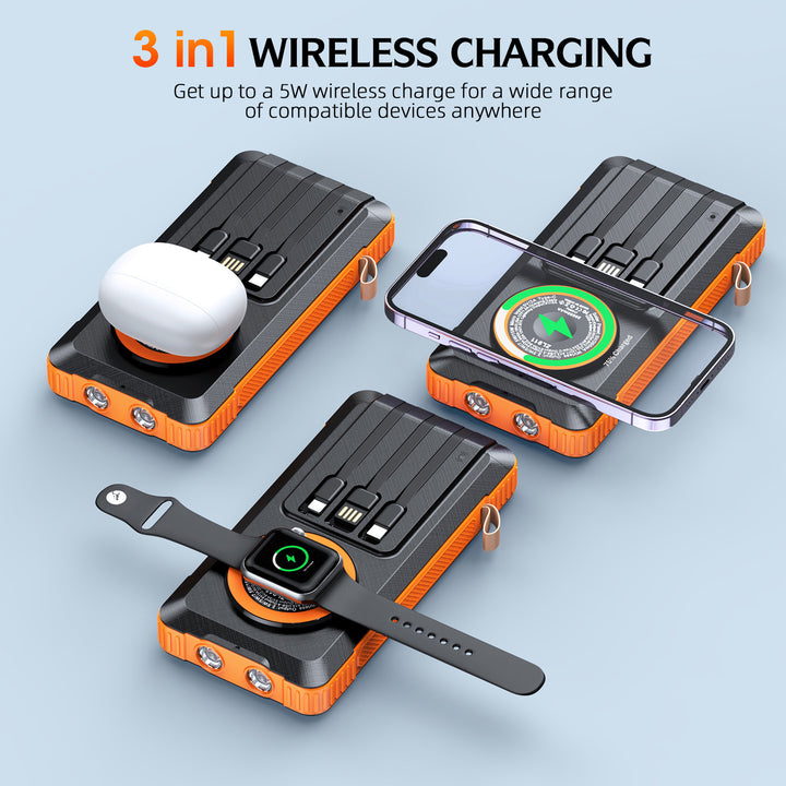Solar Powerbank med multifunksjonelt LED-lys og integrert ladekabel Skanto