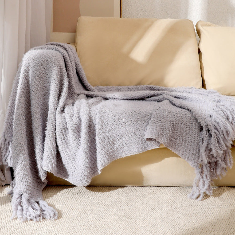 Kvinnens strikkede teppe med mykeste fleece og dekorative frynser Skanto