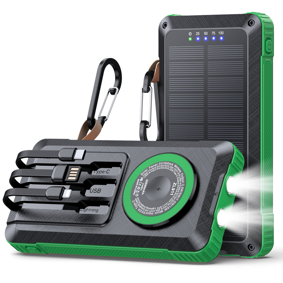 Solar Powerbank med multifunksjonelt LED-lys og integrert ladekabel Skanto
