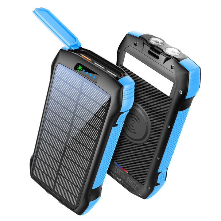 Solcelledet powerbank med trådløs ladefunksjon og LED-lommelykt Skanto