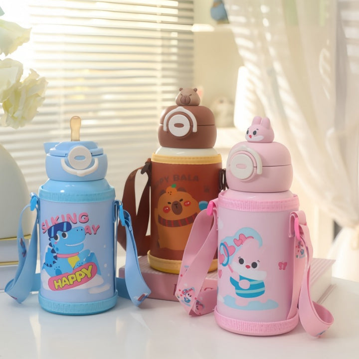 Insulated water bottle with integrated carrying strap and cute cat motif Skanto
