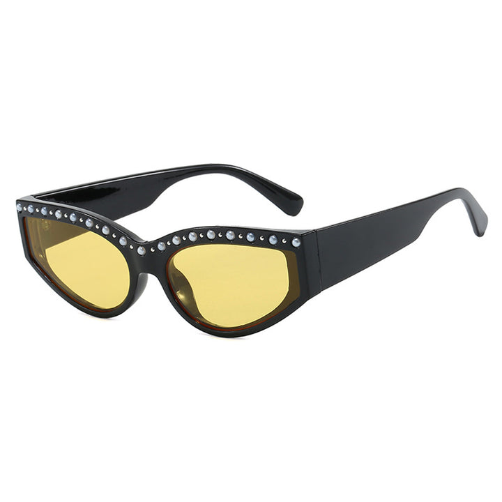 Dame Cat-Eye solbriller med glitrende rhinestones og dyremønster Skanto