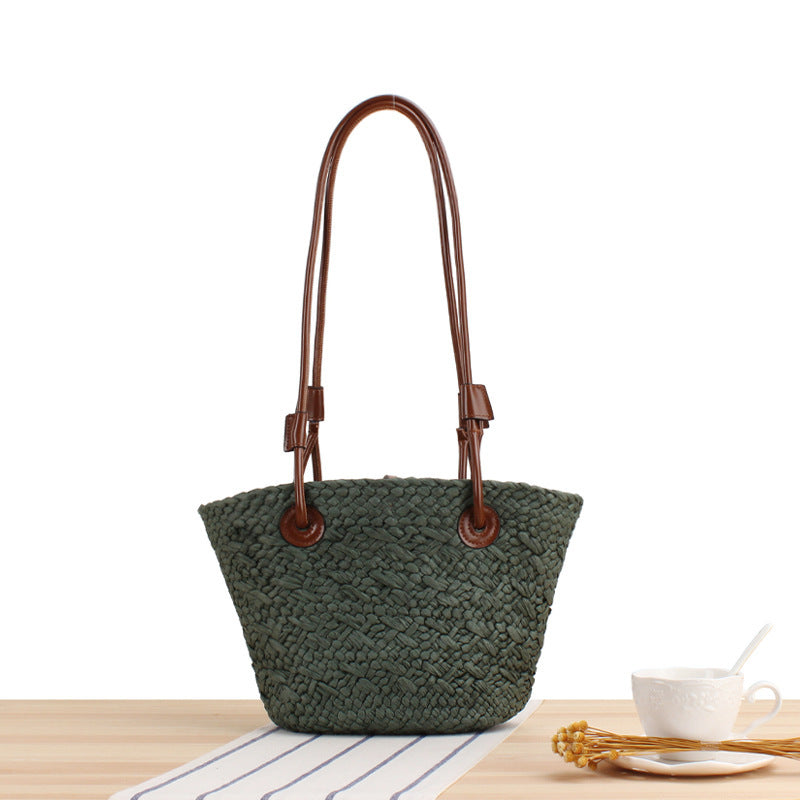 Handmade beach bag with brown leather handles Skanto