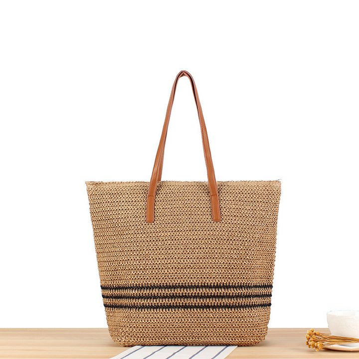 Stylish beach bag made of natural weave with leather handles Skanto