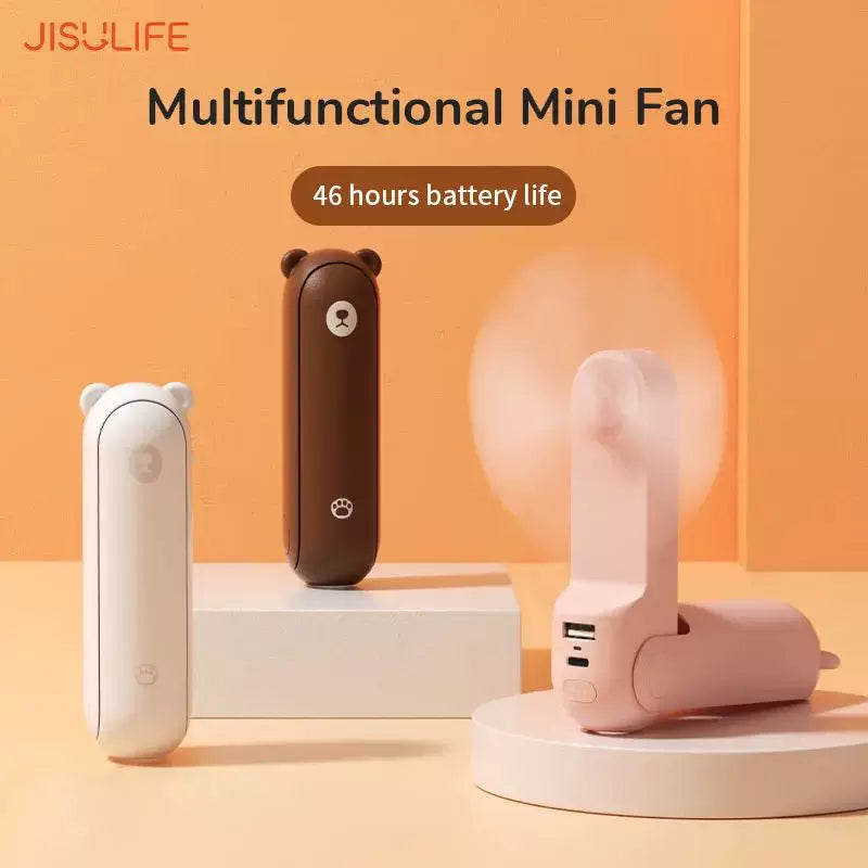 Unisex en størrelse sammenleggbar oppladbar trippel håndholdt mini vifte med innebygd powerbank USB-C og USB-A tilkoblinger samt håndleddsstropp Skanto