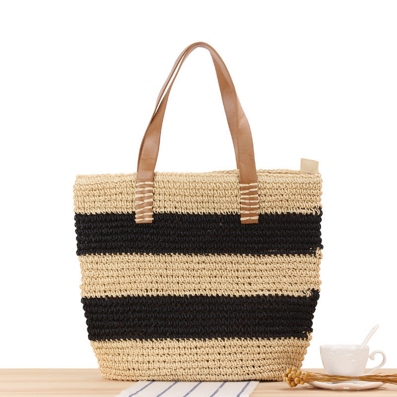 Wide straw bag with elegant leather handles Skanto