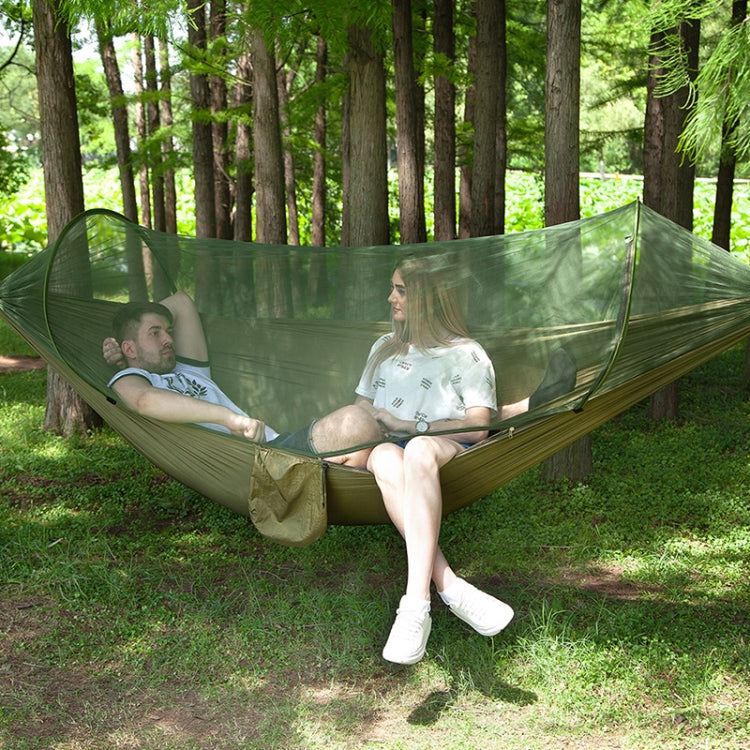 Skanto | Bærbar Utendørs Camping Fullt Automatisk Nylon Parachute Hengekøye med Myggnett, Størrelse: 250 x 120cm (Oliven Grønn)