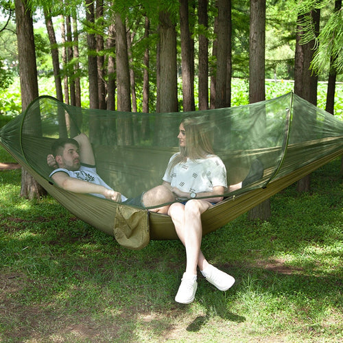 Skanto | Bærbar Utendørs Camping Fullt Automatisk Nylon Parachute Hengekøye med Myggnett, Størrelse: 250 x 120cm (Oliven Grønn)