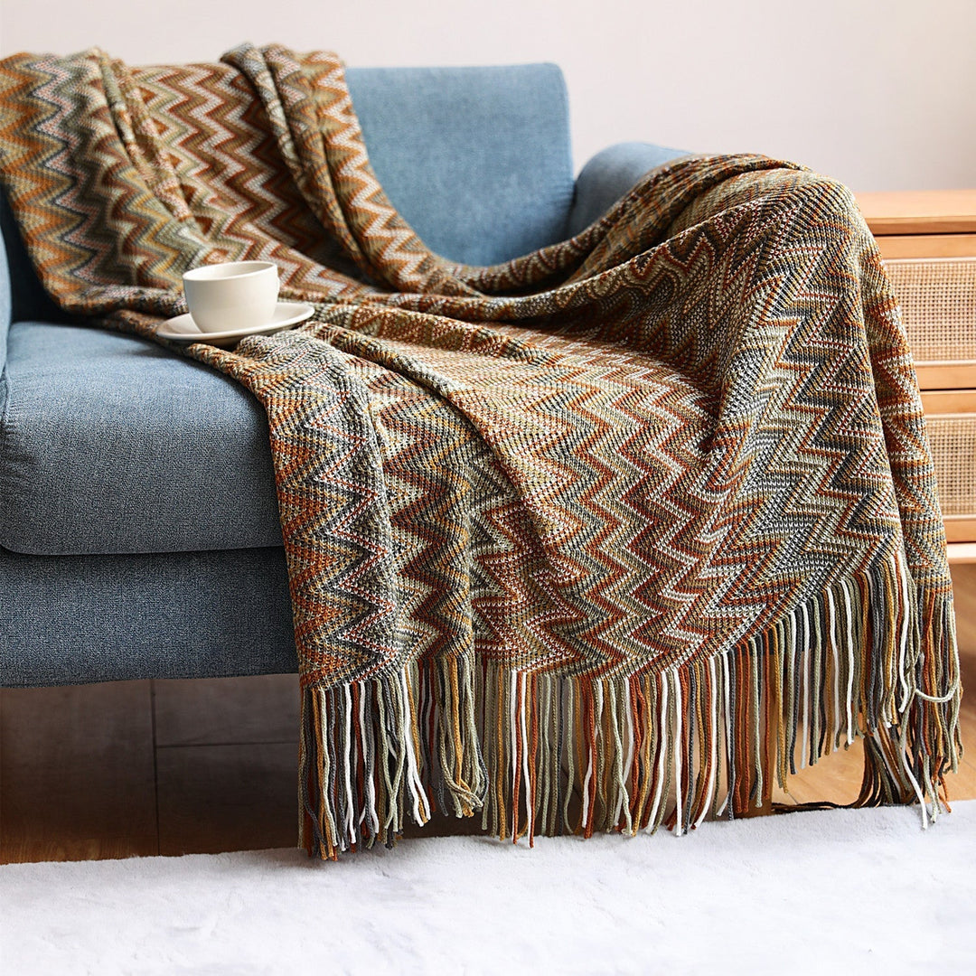 Boho Chevron Dynebesky – Håndvevd – Med Frynser – Varme JORDTONER | Skanto