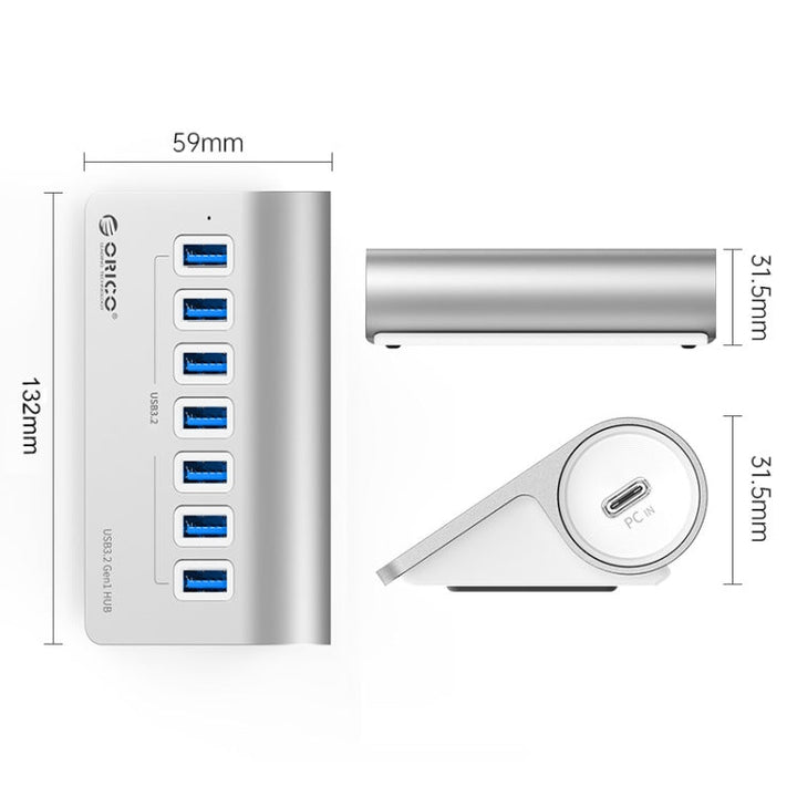 Skanto | ORICO M3U7-G2 Aluminiumlegering 7-port USB 3.2 Gen2 10Gbps HUB med 0,5 m kabel (Sølv)