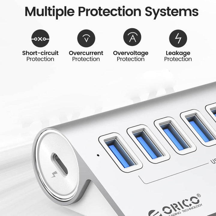 Skanto | ORICO M3U7-G2 Aluminiumlegering 7-port USB 3.2 Gen2 10Gbps HUB med 0,5 m kabel (Sølv)