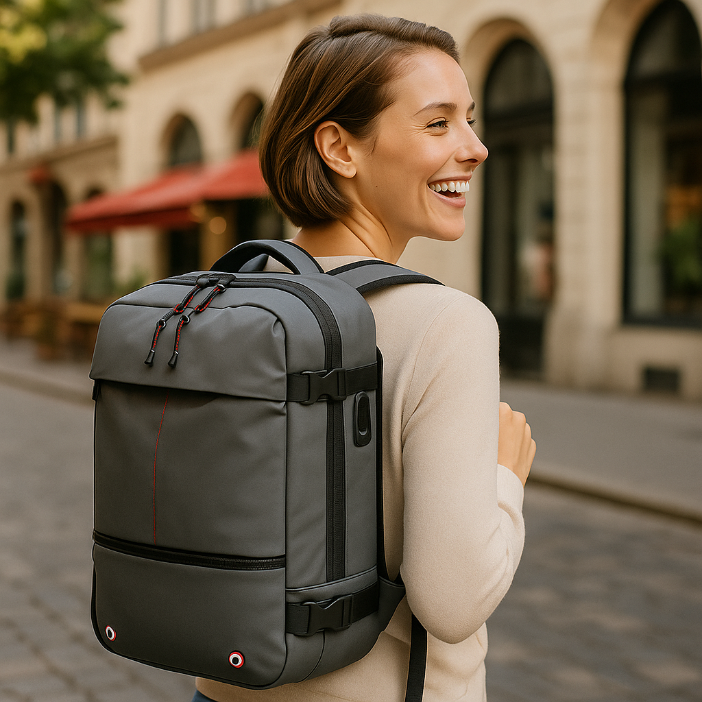Packlite Slim – Vanntett kompresjonsryggsekk med USB-tilkobling for håndbagasje | Skanto