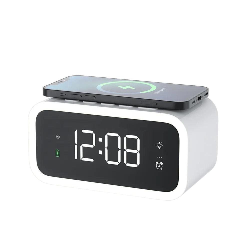Skanto | MultiTime 2-i-1 Digital Vekkerklokke med Trådløs Qi Lading – LED Display & Snooze Funksjon
