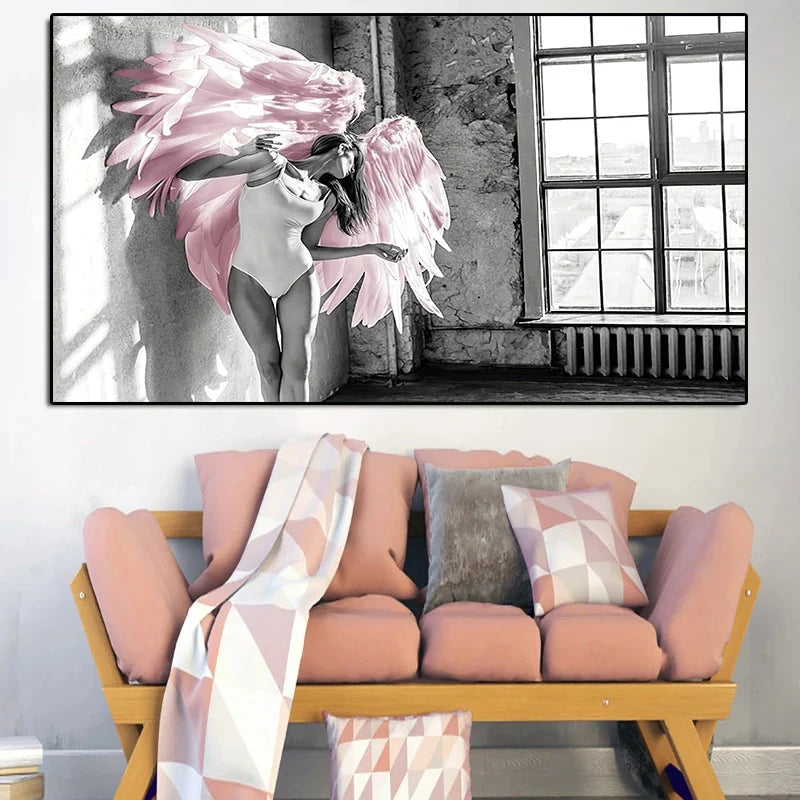 Pink Angel Wings Ballettdanser Veggkunst Fin Kunst Lerrettrykk Svart Hvit Motebilder For Stue Soverom Salong Kunst Dekor | Skanto