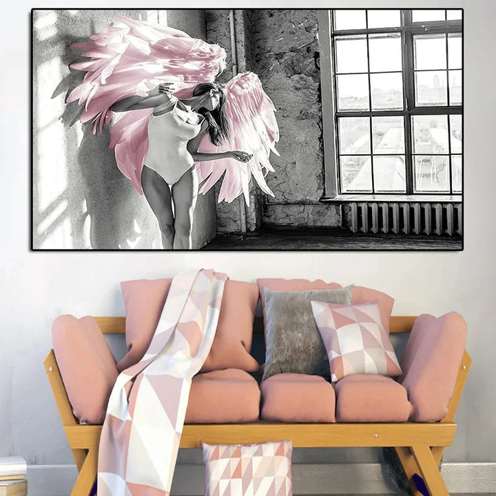 Pink Angel Wings Ballettdanser Veggkunst Fin Kunst Lerrettrykk Svart Hvit Motebilder For Stue Soverom Salong Kunst Dekor | Skanto
