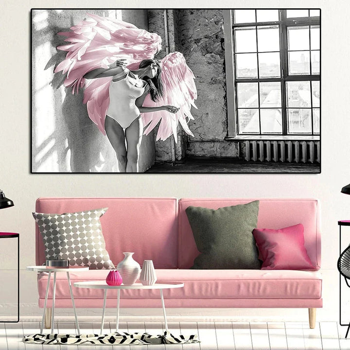 Pink Angel Wings Ballettdanser Veggkunst Fin Kunst Lerrettrykk Svart Hvit Motebilder For Stue Soverom Salong Kunst Dekor | Skanto