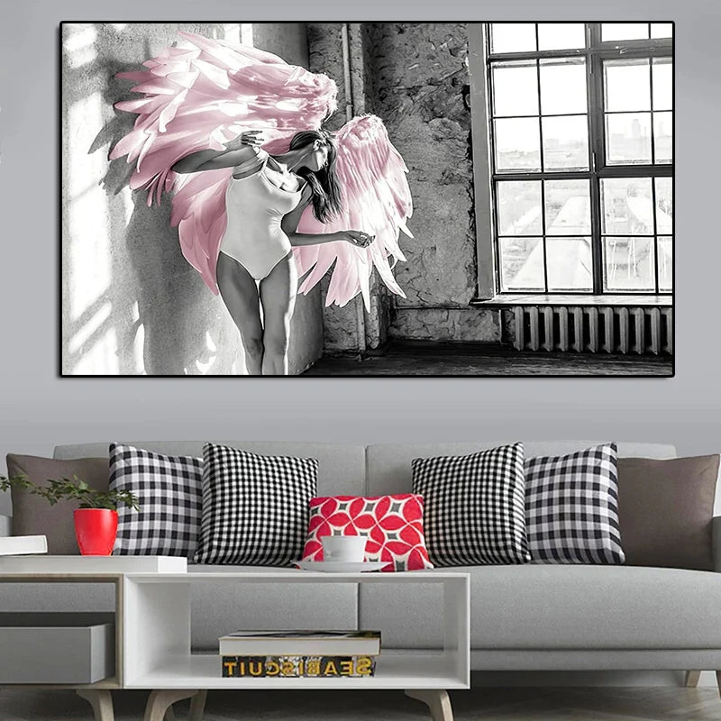 Pink Angel Wings Ballettdanser Veggkunst Fin Kunst Lerrettrykk Svart Hvit Motebilder For Stue Soverom Salong Kunst Dekor | Skanto