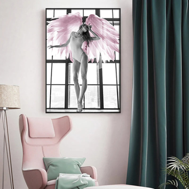 Pink Angel Wings Ballettdanser Veggkunst Fin Kunst Lerrettrykk Svart Hvit Motebilder For Stue Soverom Salong Kunst Dekor | Skanto