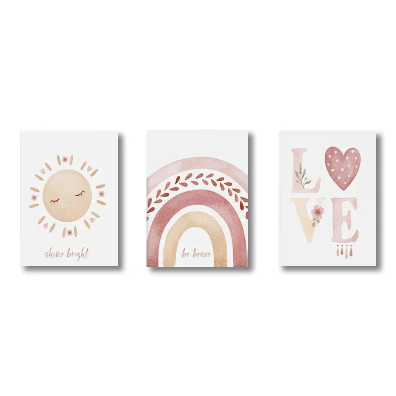Set med 3PCS Rosa Boho Regnbue Solskinn Plakat Barnerom Veggkunst Fin Kunst Lerretstrykk Bilder For Barnerom Barnerom Lekestue Dekor | Skanto