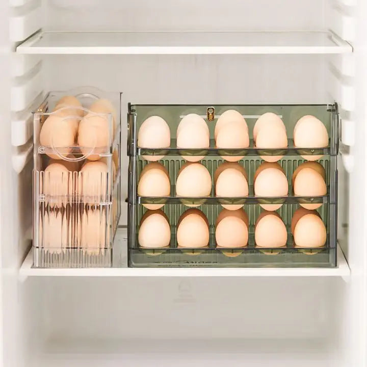 Plassbesparende eggbeholder med hengslet lokk og friskhetsindikator