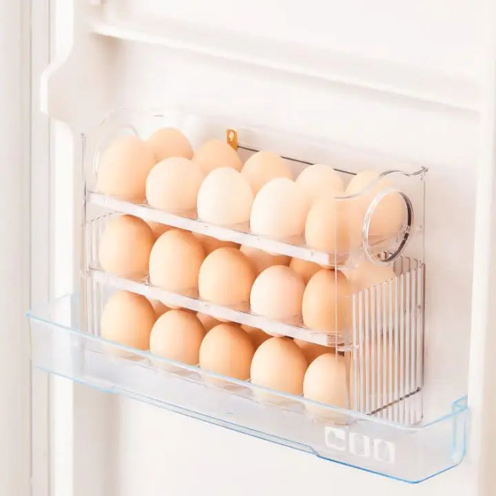 Plassbesparende eggbeholder med hengslet lokk og friskhetsindikator