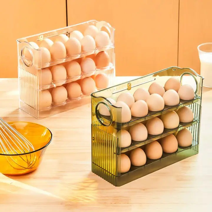 Plassbesparende eggbeholder med hengslet lokk og friskhetsindikator