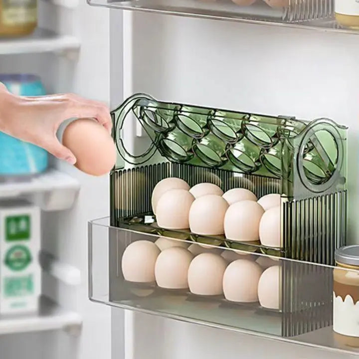 Plassbesparende eggbeholder med hengslet lokk og friskhetsindikator