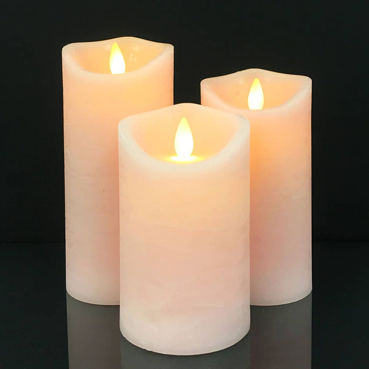 LED Lys - rustikk - 3 stykker - 10/12,5/15 cm - med 3D flamme - (ulike farger) | Skanto