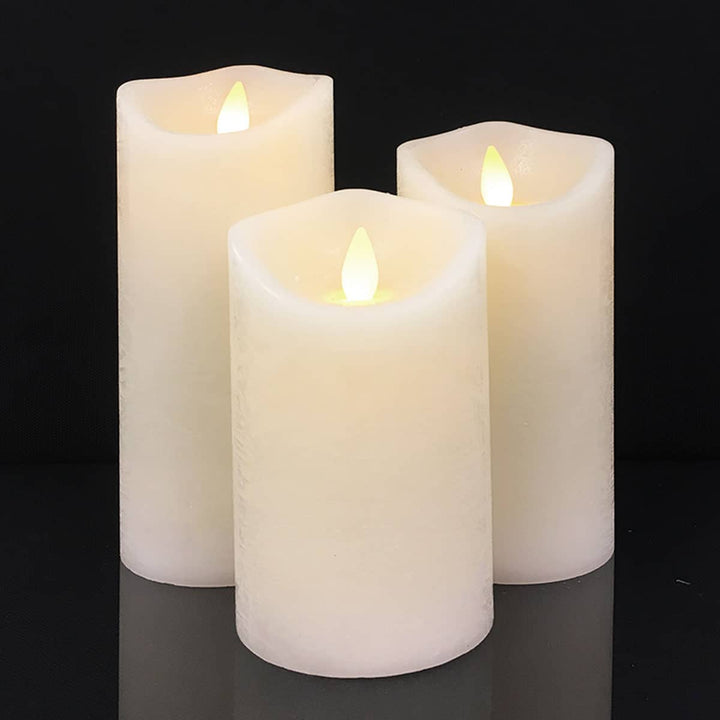 LED Lys - rustikk - 3 stykker - 10/12,5/15 cm - med 3D flamme - (ulike farger) | Skanto
