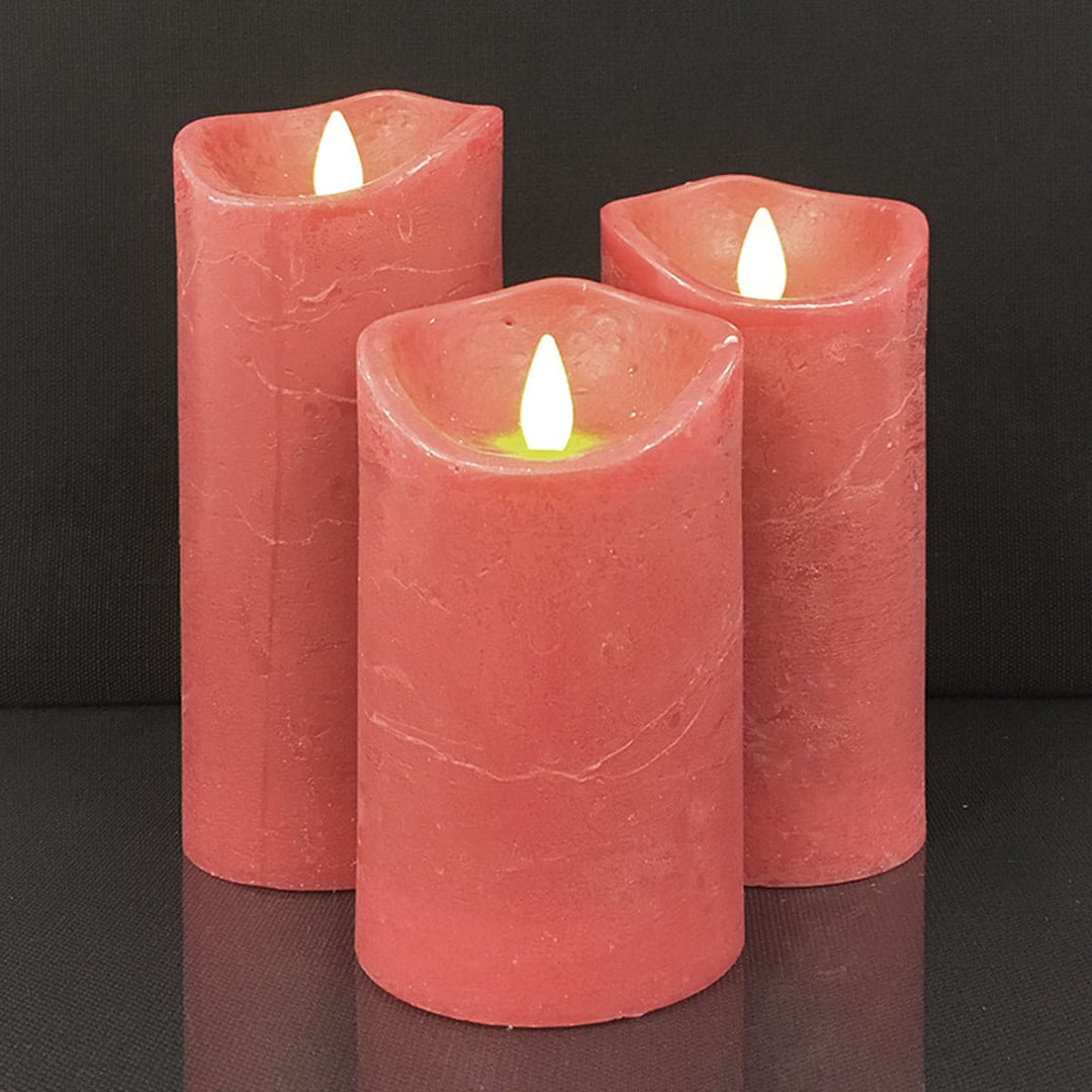 LED Lys - rustikk - 3 stykker - 10/12,5/15 cm - med 3D flamme - (ulike farger) | Skanto