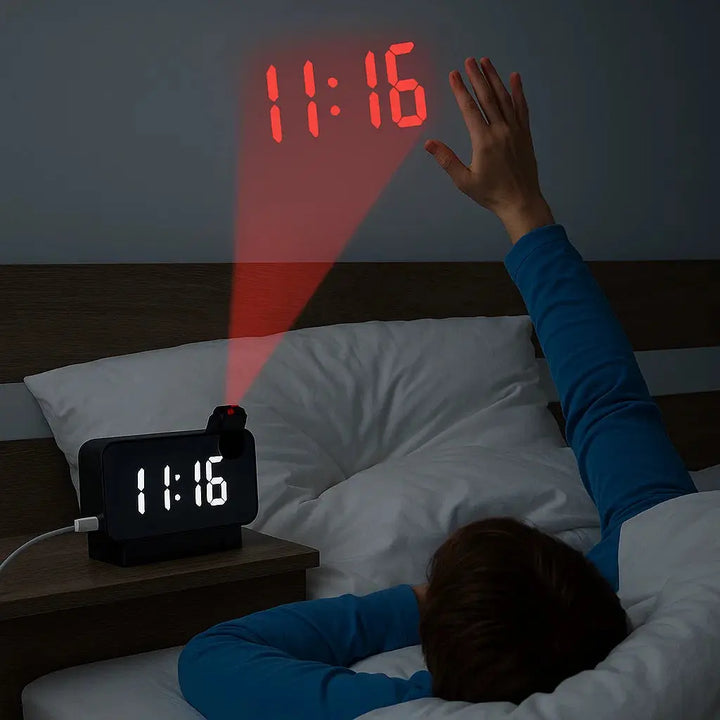 Projeksjonsvekkerklokke med speildisplay og stor LED-skjerm